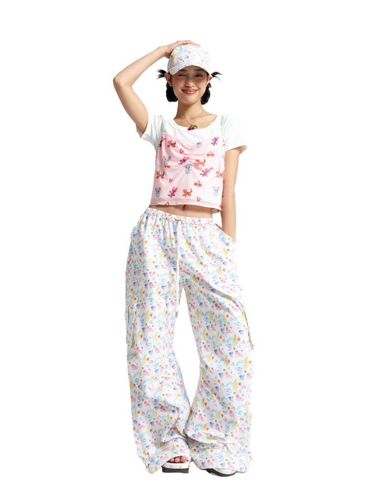 American-Style Colorful Line Printed Work Pants in White - Trendy 90s-Inspired Fashion for Effortless Style