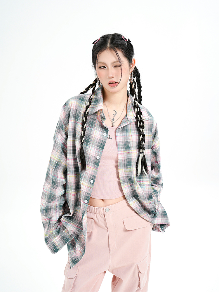 American Style Pleated Mixed-Color Checkered Shirt Jacket - Casual Long Sleeve Sun Protection Top for Versatile Outfits