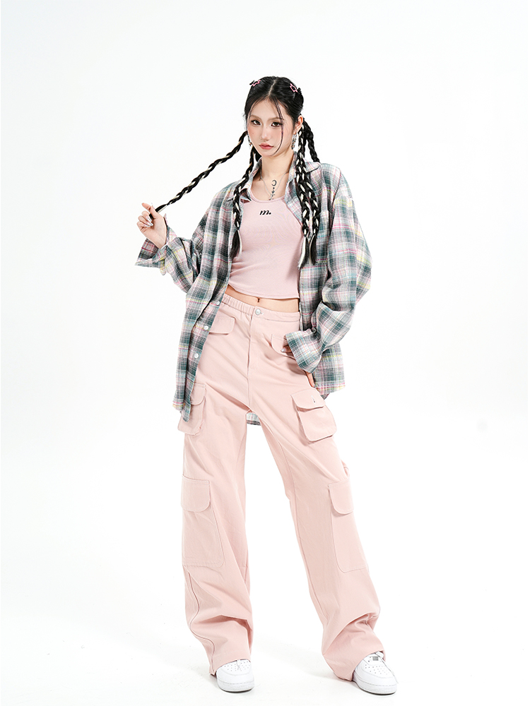 American Style Pleated Mixed-Color Checkered Shirt Jacket - Casual Long Sleeve Sun Protection Top for Versatile Outfits American Style Pleated Mixed-Color Checkered Shirt Jacket - Casual Long Sleeve Sun Protection Top for Versatile Outfits