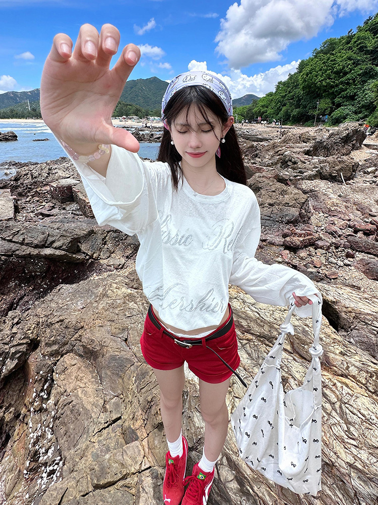 American Style Rhinestone Printed Long Sleeve T-Shirt for Women - Loose Fit Summer Sun-Protective Layer Top