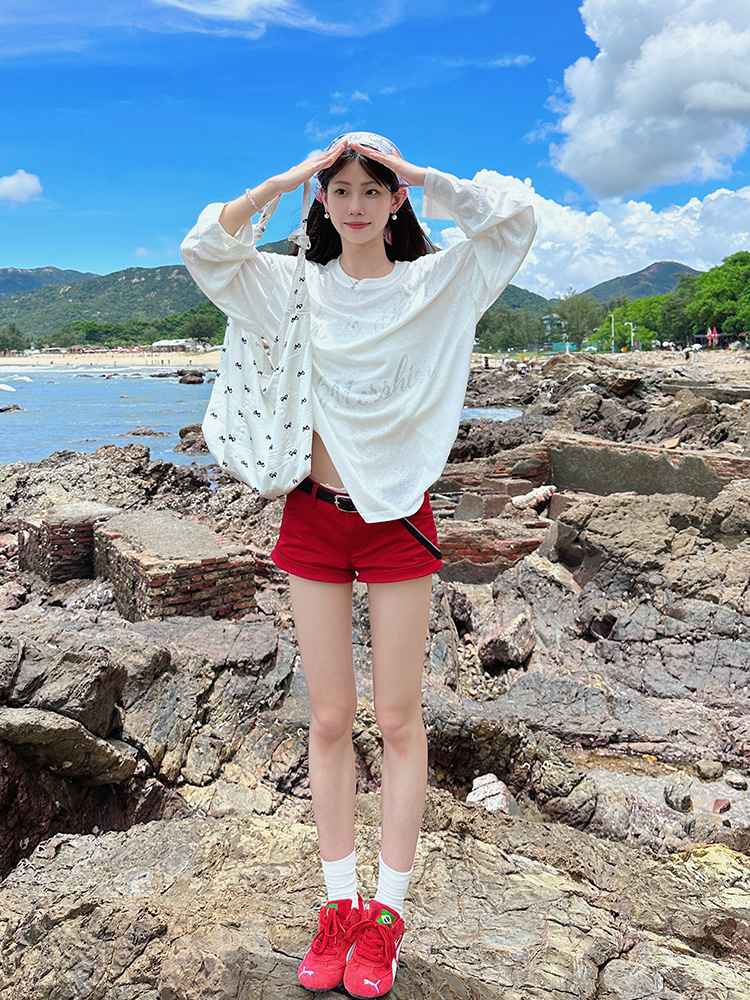 American Style Rhinestone Printed Long Sleeve T-Shirt for Women - Loose Fit Summer Sun-Protective Layer Top