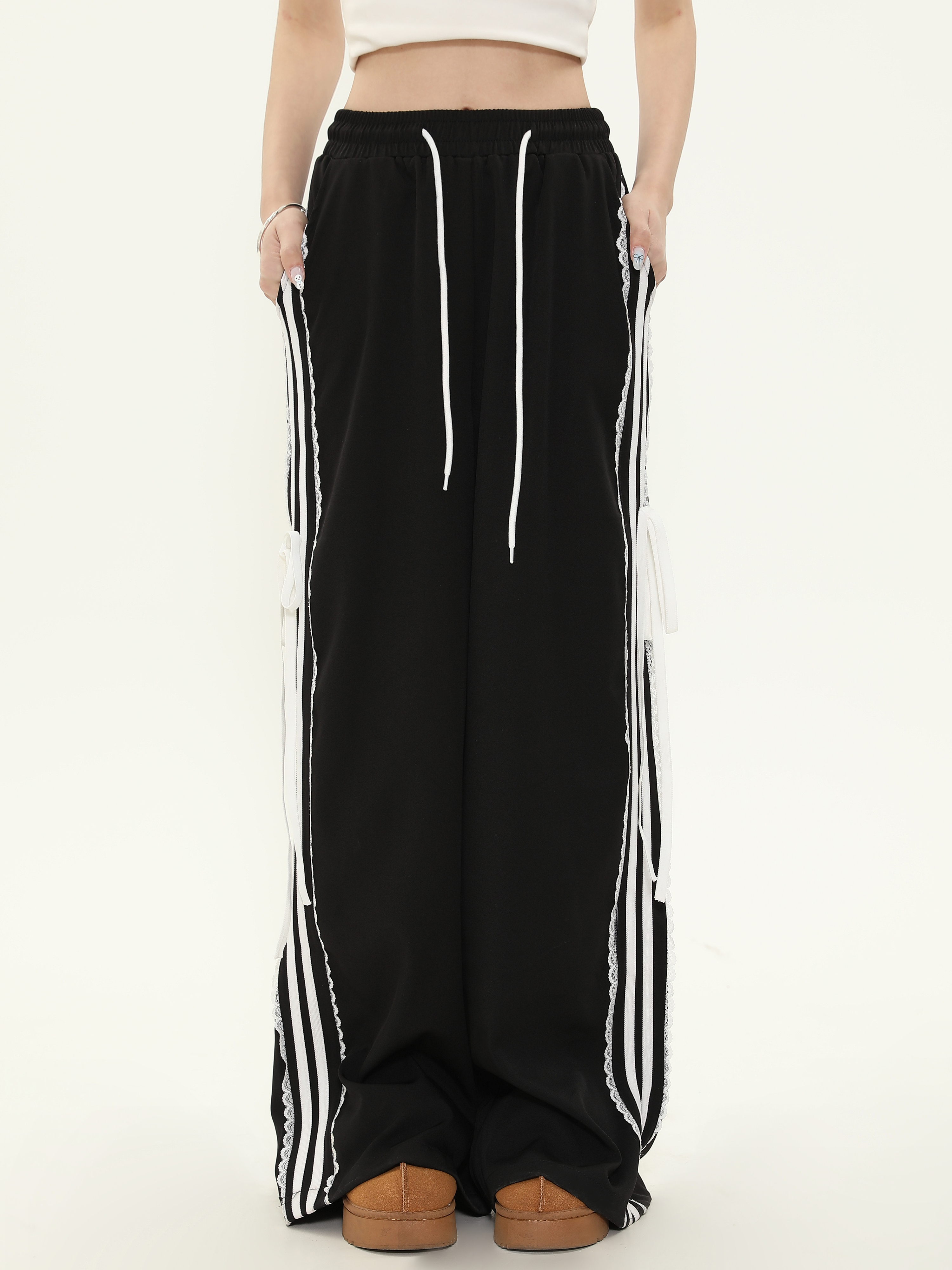 American-Style Spicy Girl Bow Tie Lace Striped Casual Wide-Leg Pants for Women - Loose Slim Fit, Trendy Y2K Fashion