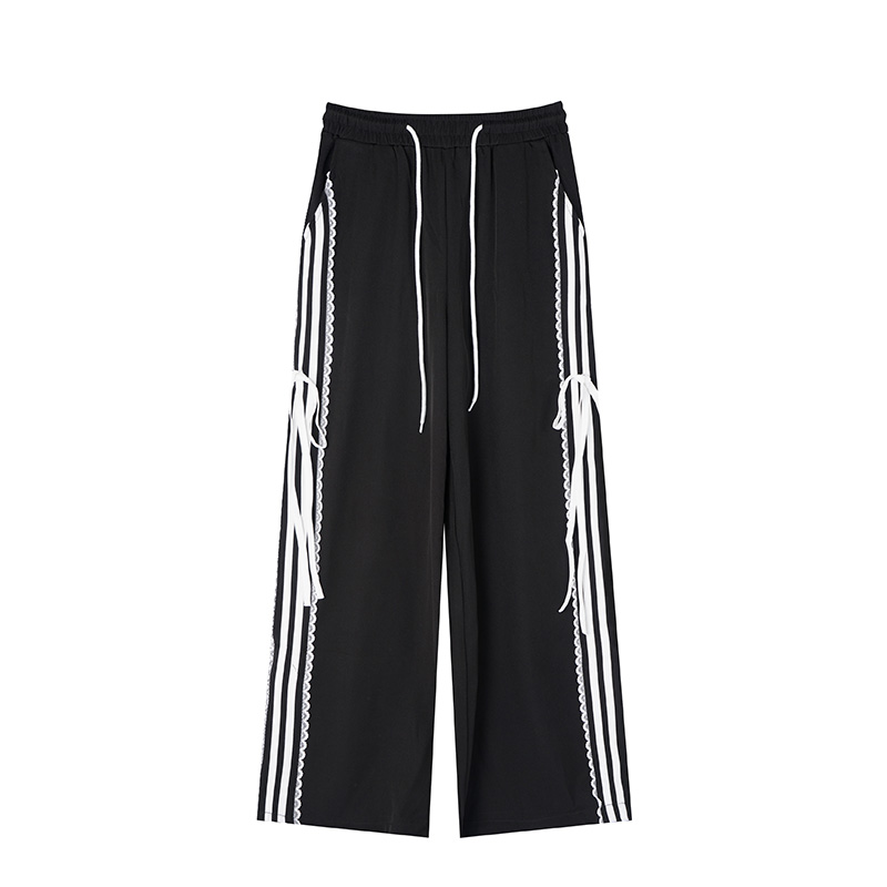 American-Style Spicy Girl Bow Tie Lace Striped Casual Wide-Leg Pants for Women - Loose Slim Fit, Trendy Y2K Fashion