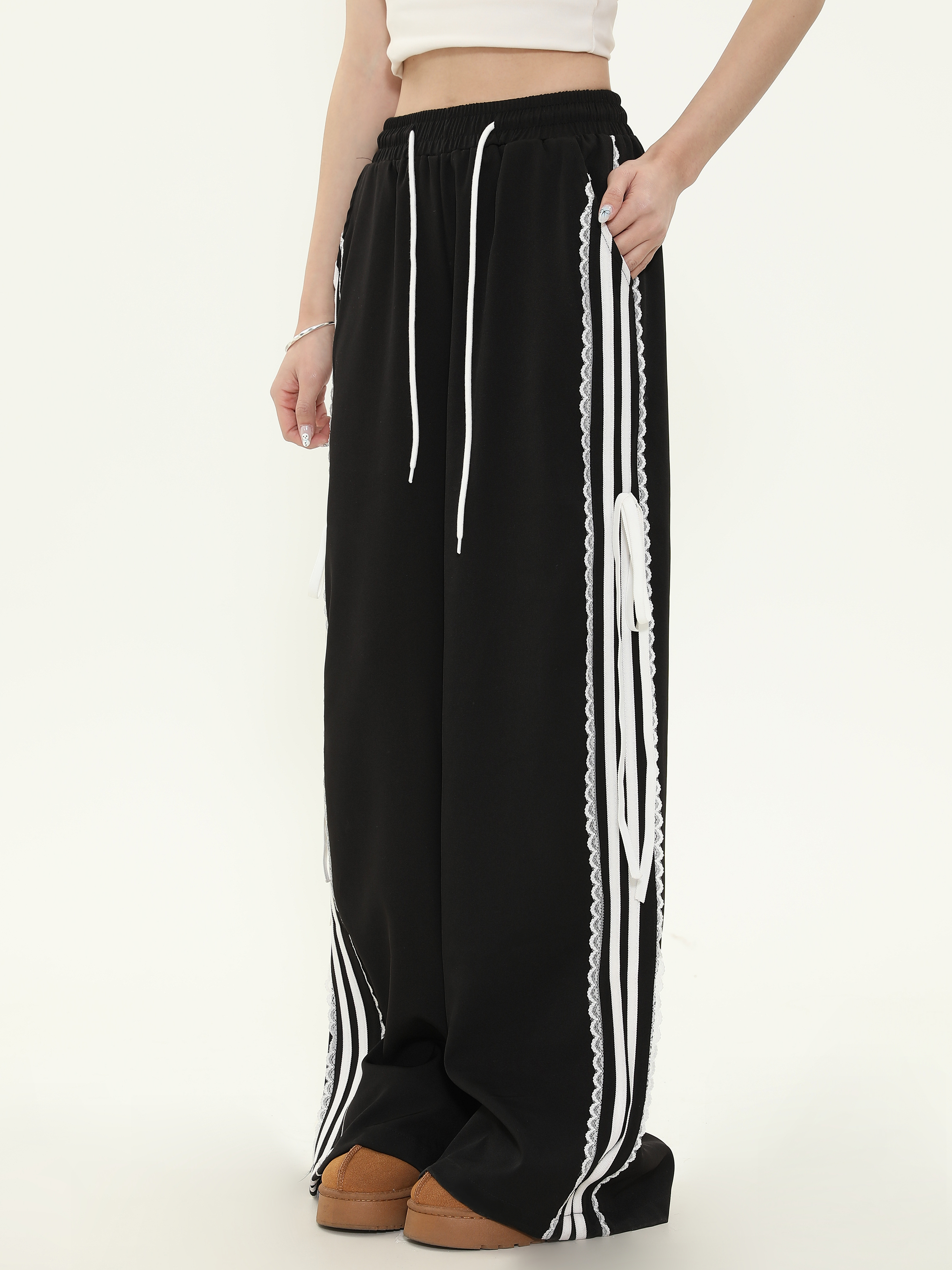 American-Style Spicy Girl Bow Tie Lace Striped Casual Wide-Leg Pants for Women - Loose Slim Fit, Trendy Y2K Fashion American-Style Spicy Girl Bow Tie Lace Striped Casual Wide-Leg Pants for Women - Loose Slim Fit, Trendy Y2K Fashion