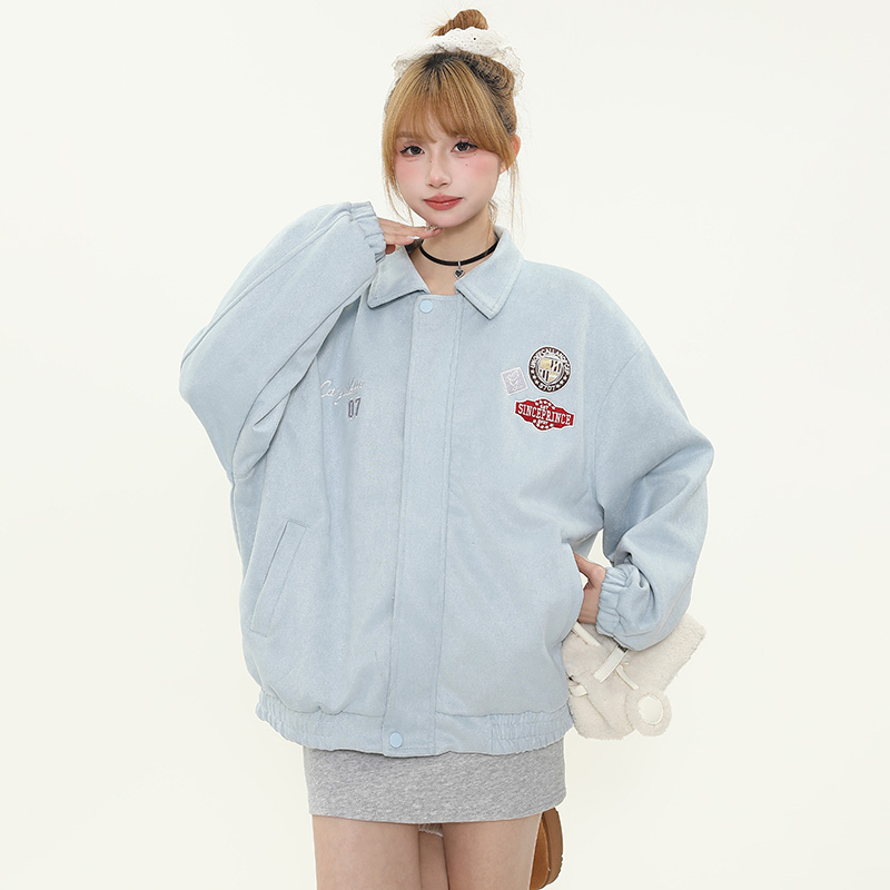 American Vintage Badge Embroidered Lapel Baseball Jacket for Women - Spring Oversized Couple Style