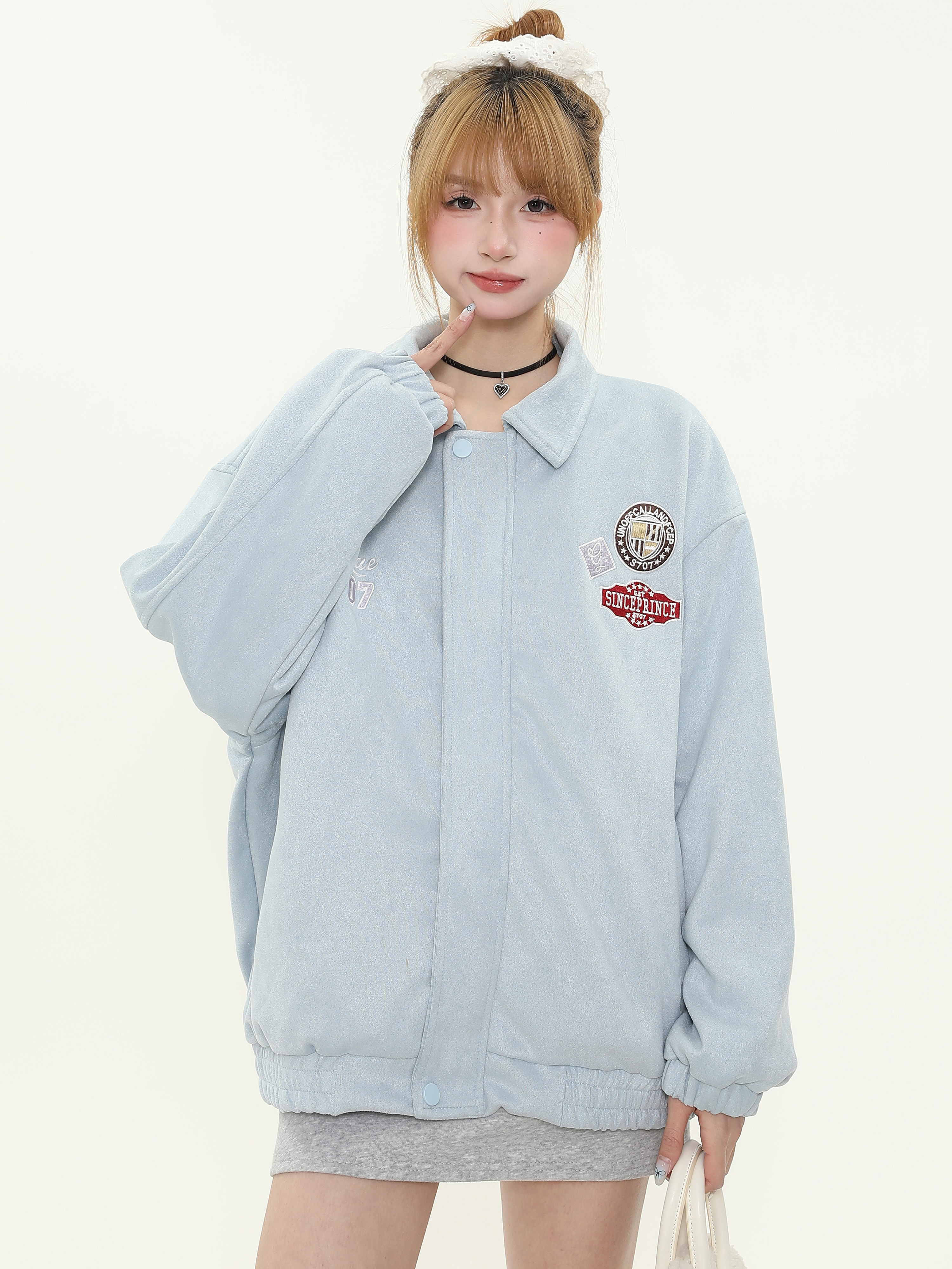 American Vintage Badge Embroidered Lapel Baseball Jacket for Women - Spring Oversized Couple Style