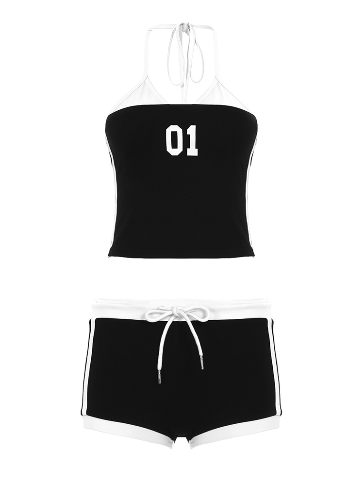 American Vintage Digital Print Color Block Casual Set - Women's Faux Two-Piece Halter Top and Shorts, Y2K Inspired Fashion