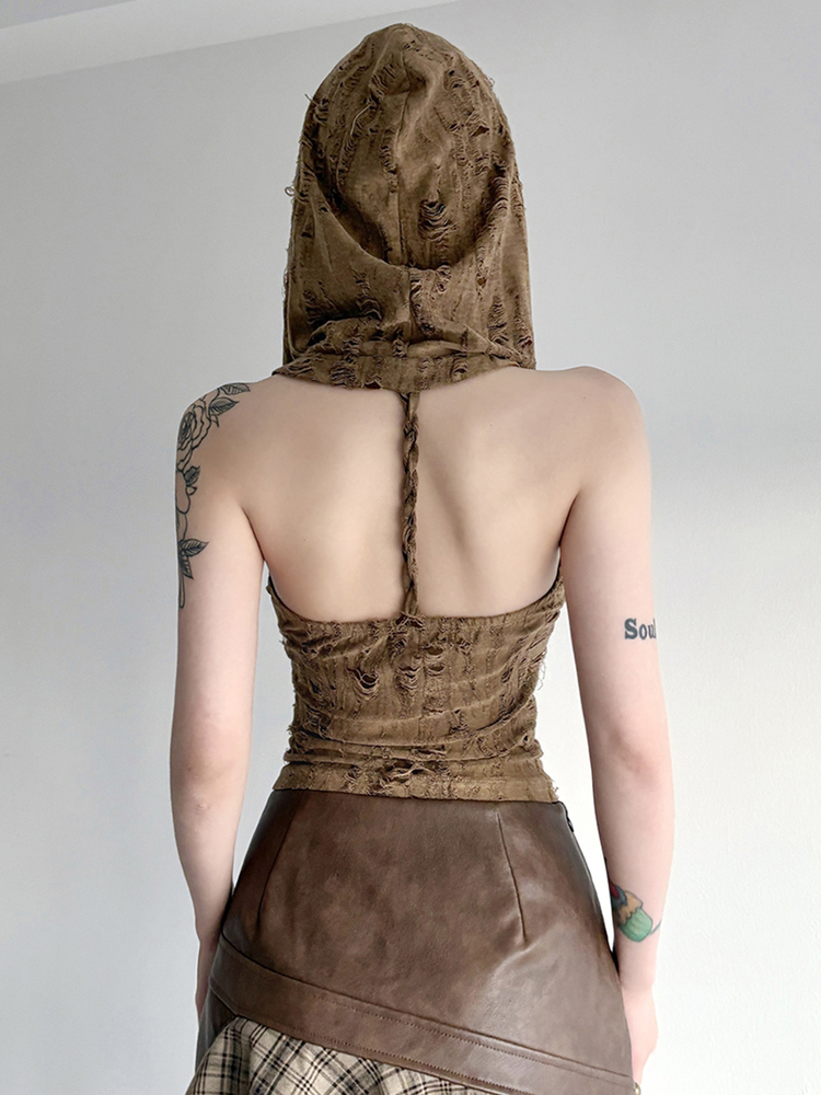 American Vintage Distressed Hooded Vest for Women - Brown Slim-Fit Backless Short Top, Versatile Y2K Style American Vintage Distressed Hooded Vest for Women - Brown Slim-Fit Backless Short Top, Versatile Y2K Style
