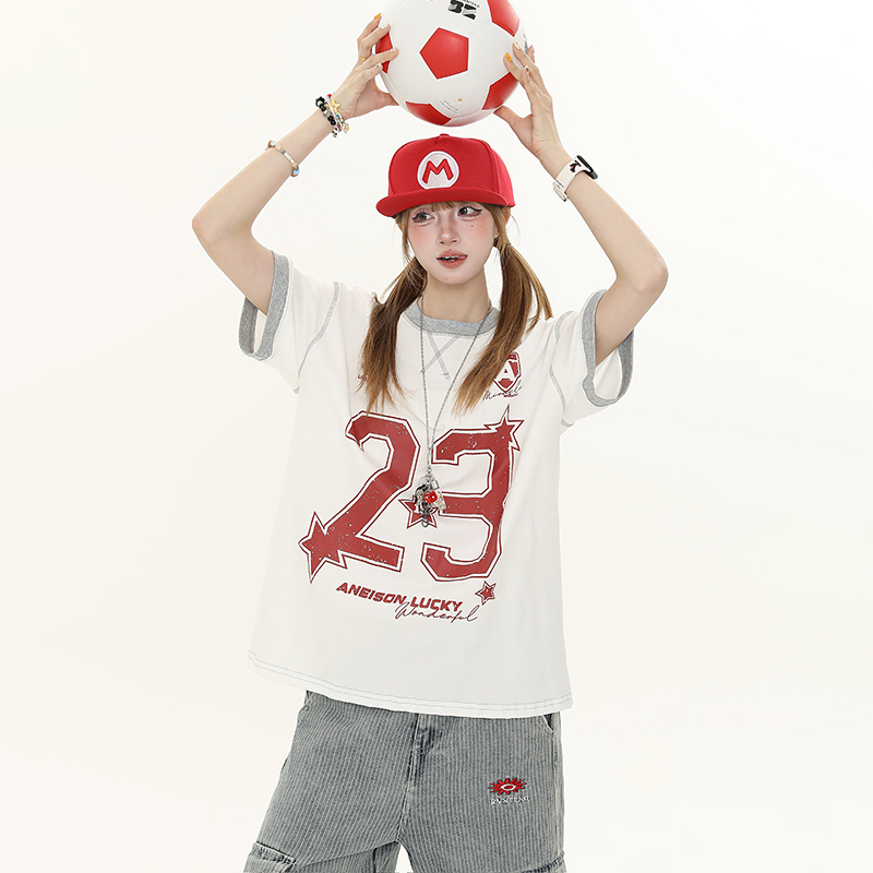 American Vintage Distressed Letter Print Short Sleeve T-Shirt for Women - Casual Loose Fit Summer Top, Y2K Style