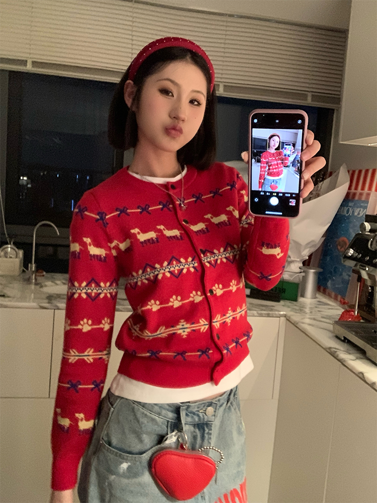 American Vintage Fair Isle Dog Knitted Cardigan Sweater for Women - Casual 2025 Spring Lazy Style Knit Coat