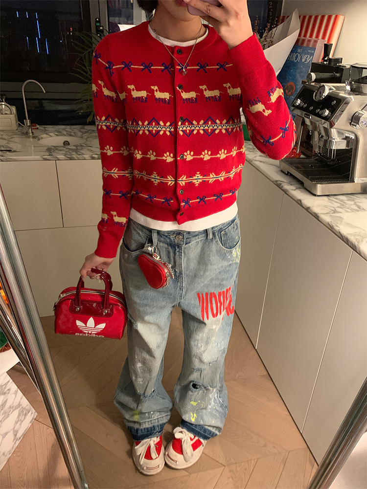 American Vintage Fair Isle Dog Knitted Cardigan Sweater for Women - Casual 2025 Spring Lazy Style Knit Coat