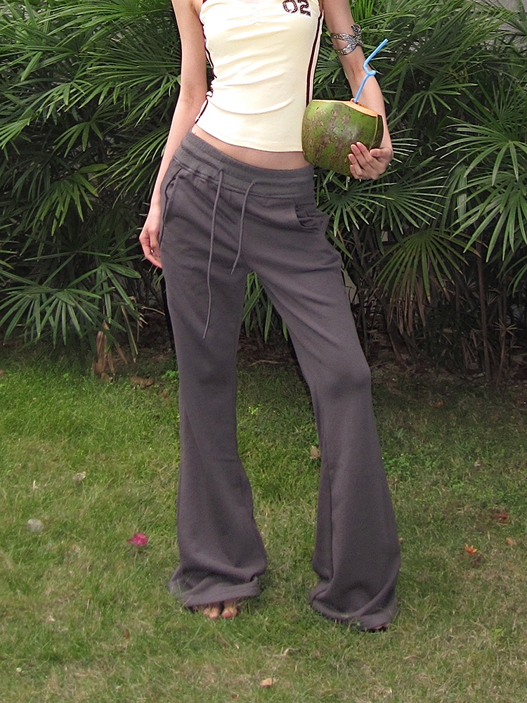 American Vintage Gray Flared Sweatpants for Women - Slim Fit Casual Drawstring Pants for Summer Sports and Everyday Wear