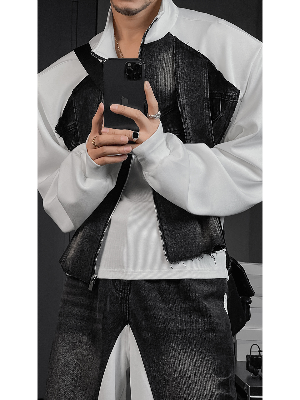 American Vintage High Street Denim Spliced Jacket Set with Loose Straight Leg Pants - 2025 Autumn Fashion