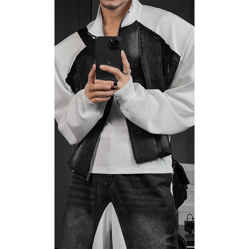 American Vintage High Street Denim Spliced Jacket Set with Loose Straight Leg Pants - 2025 Autumn Fashion