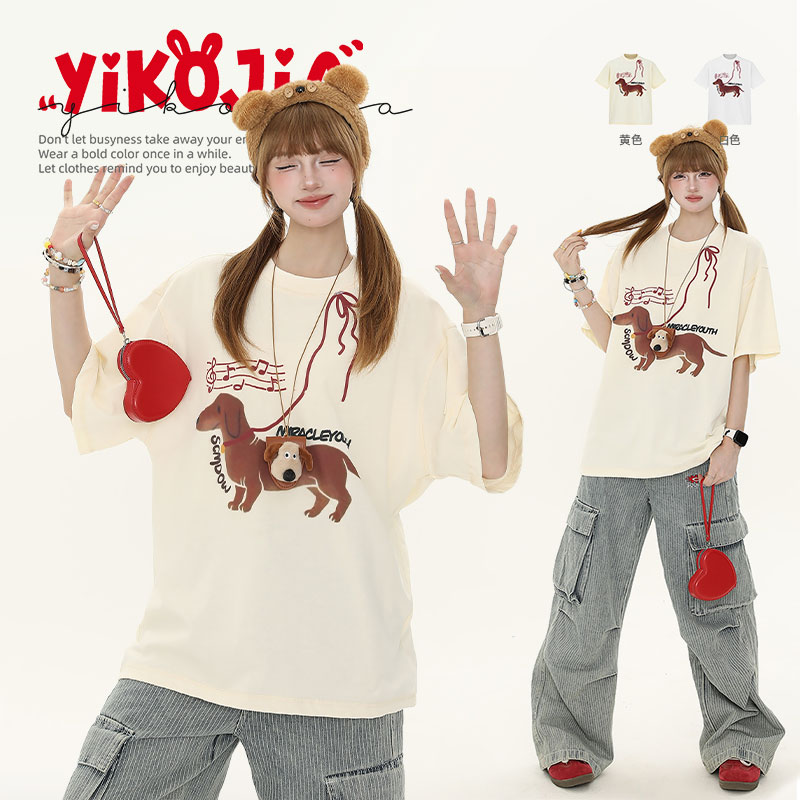 American Vintage Hot Dog Print Short Sleeve T-Shirt for Women - Summer Loose Casual Round Neck Tee - Y2K Style