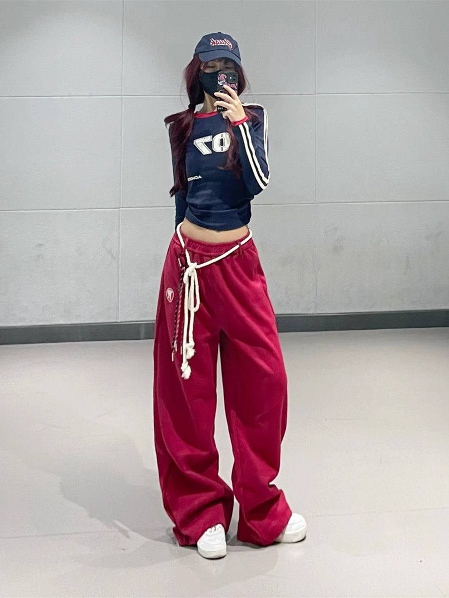American Vintage Hot Girl Street Dance Casual Sweatpants for Women - Long Red Sports Pants for Autumn Winter 2024