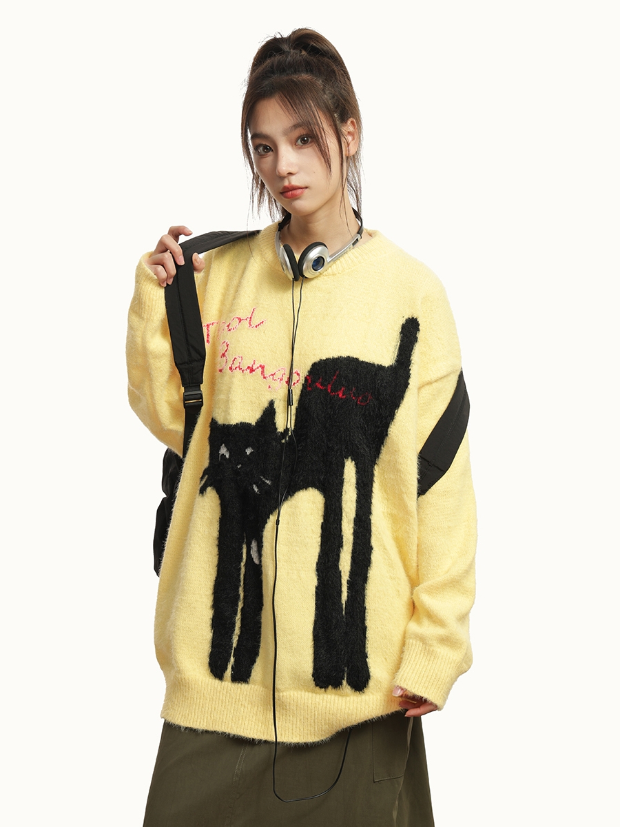 American Vintage Lazy Cat Print Round Neck Sweater for Women - Autumn Winter Thick Loose Knit Jacket, Cozy Casual Style American Vintage Lazy Cat Print Round Neck Sweater for Women - Autumn Winter Thick Loose Knit Jacket, Cozy Casual Style