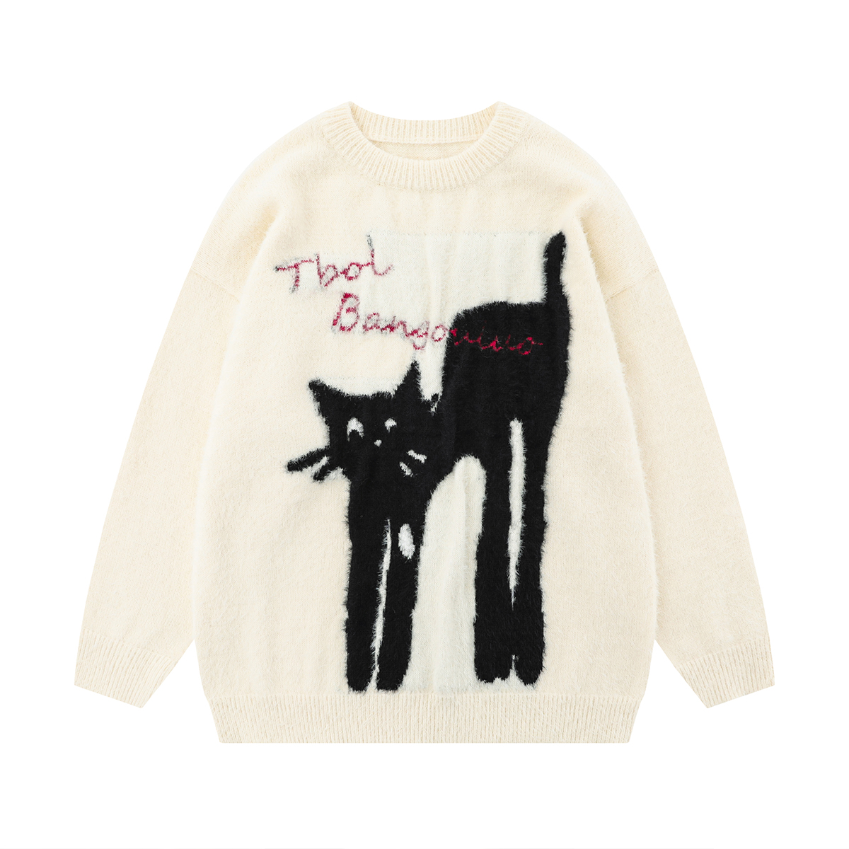 American Vintage Lazy Cat Print Round Neck Sweater for Women - Autumn Winter Thick Loose Knit Jacket, Cozy Casual Style