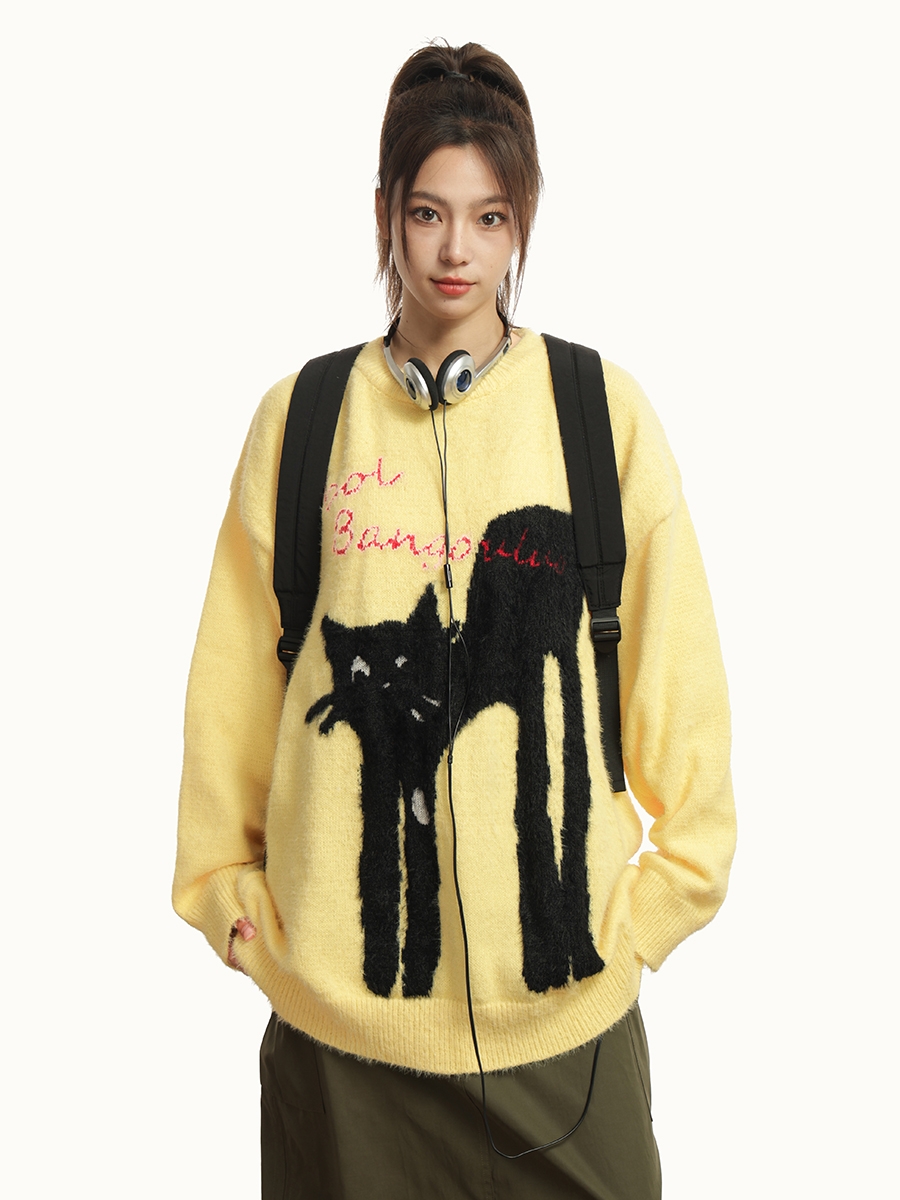 American Vintage Lazy Cat Print Round Neck Sweater for Women - Autumn Winter Thick Loose Knit Jacket, Cozy Casual Style American Vintage Lazy Cat Print Round Neck Sweater for Women - Autumn Winter Thick Loose Knit Jacket, Cozy Casual Style