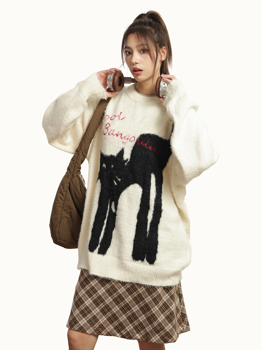 American Vintage Lazy Cat Print Round Neck Sweater for Women - Autumn Winter Thick Loose Knit Jacket, Cozy Casual Style