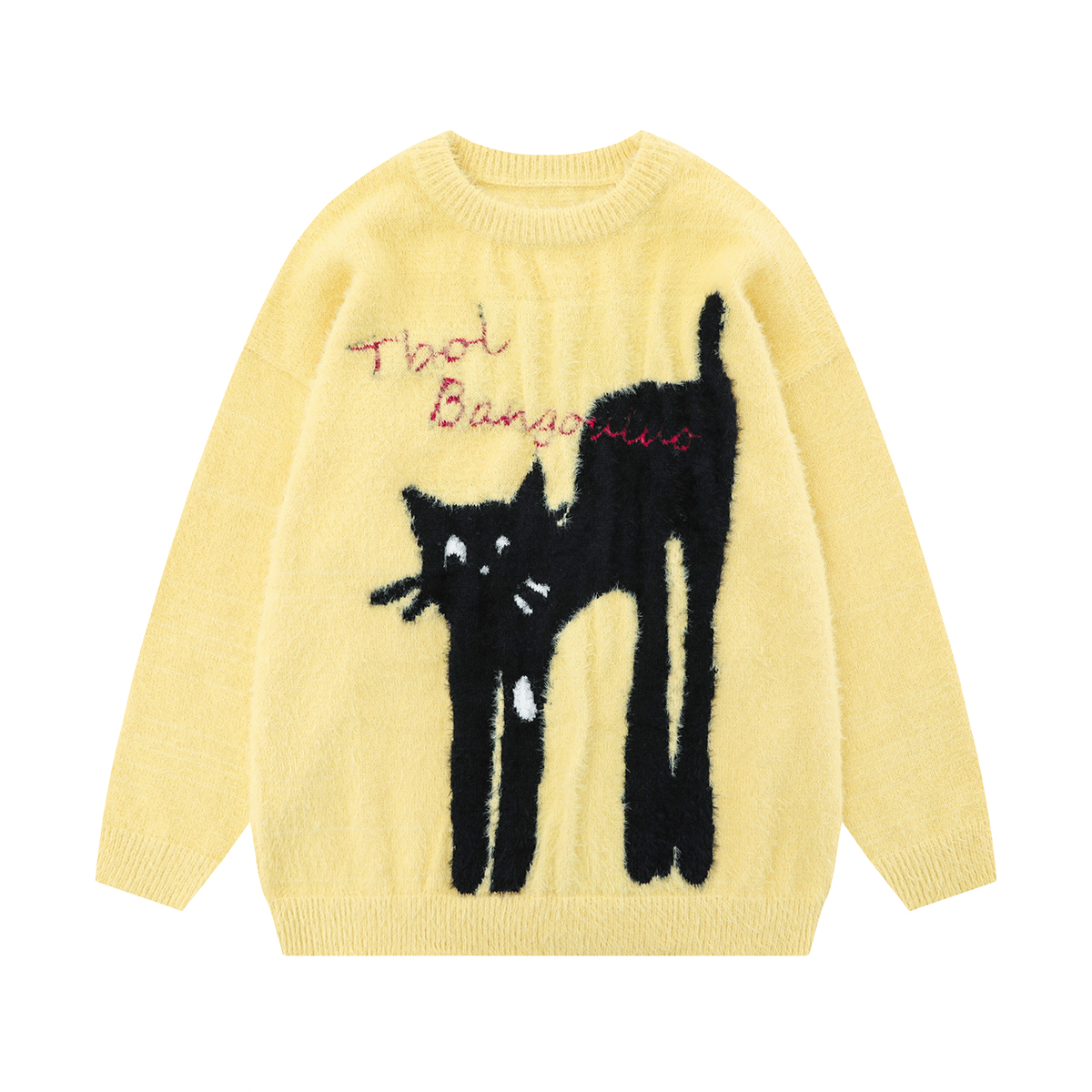 American Vintage Lazy Cat Print Round Neck Sweater for Women - Autumn Winter Thick Loose Knit Jacket, Cozy Casual Style American Vintage Lazy Cat Print Round Neck Sweater for Women - Autumn Winter Thick Loose Knit Jacket, Cozy Casual Style