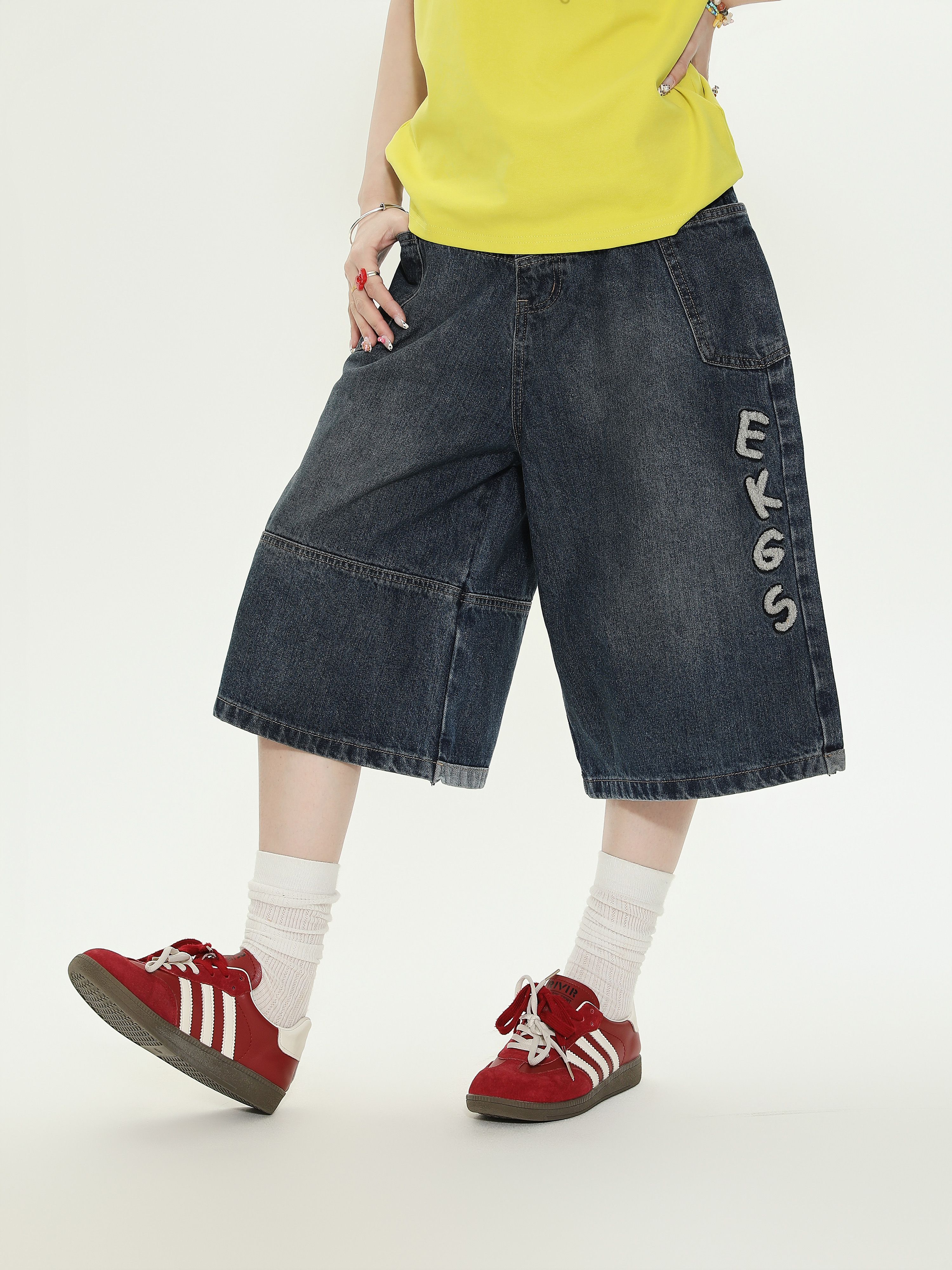 American Vintage Letter Embroidered Denim Shorts for Women - Loose Casual Capri Pants, Summer Versatile Style American Vintage Letter Embroidered Denim Shorts for Women - Loose Casual Capri Pants, Summer Versatile Style