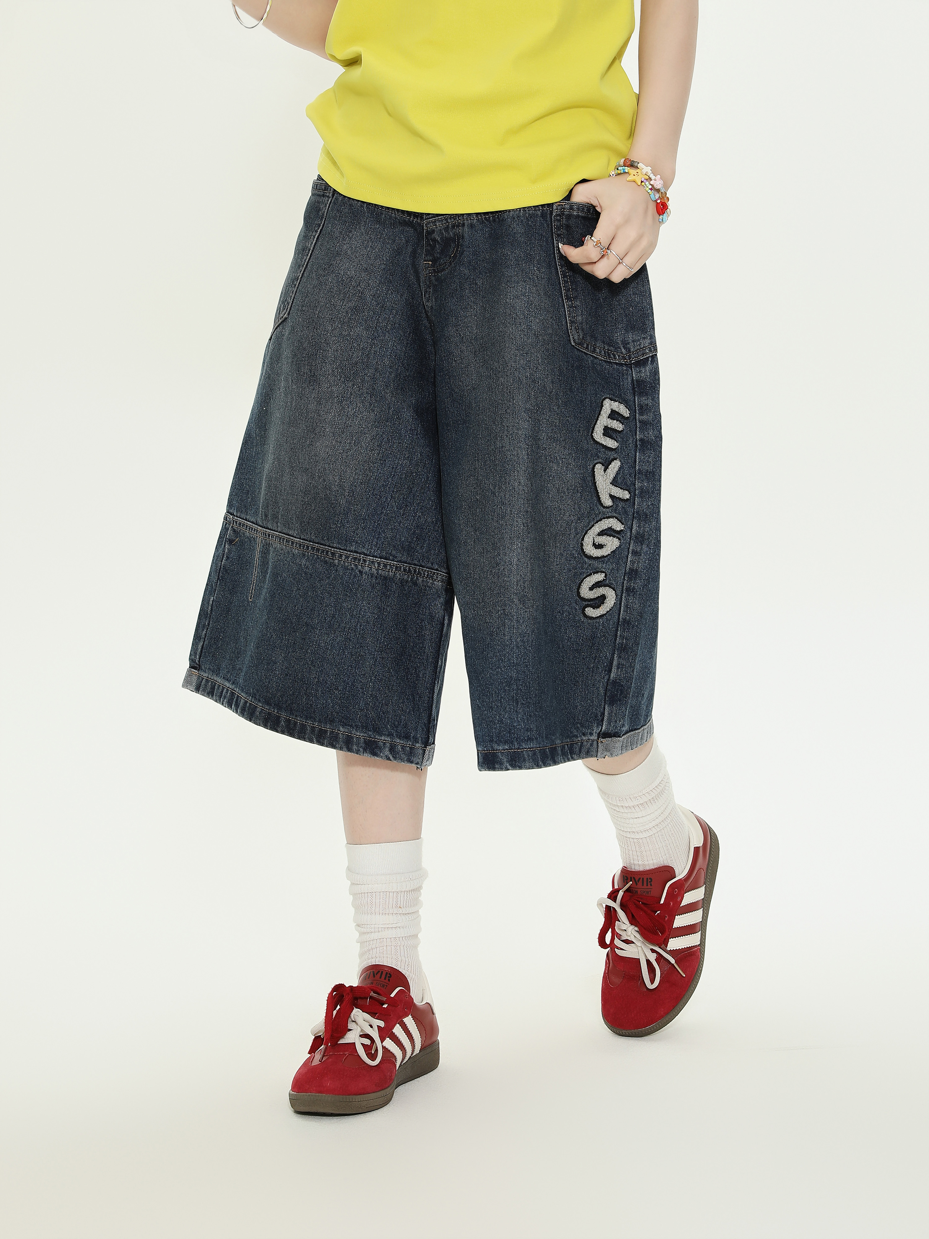 American Vintage Letter Embroidered Denim Shorts for Women - Loose Casual Capri Pants, Summer Versatile Style