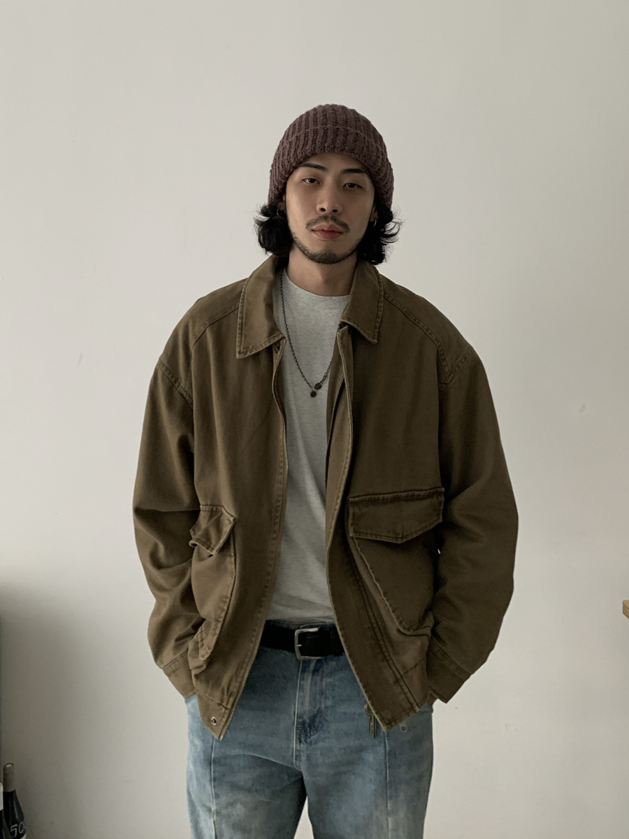 American Vintage Loose Wash Cotton Work Jacket - Unisex Trendy Casual Lapel Coat for 90s Inspired Style