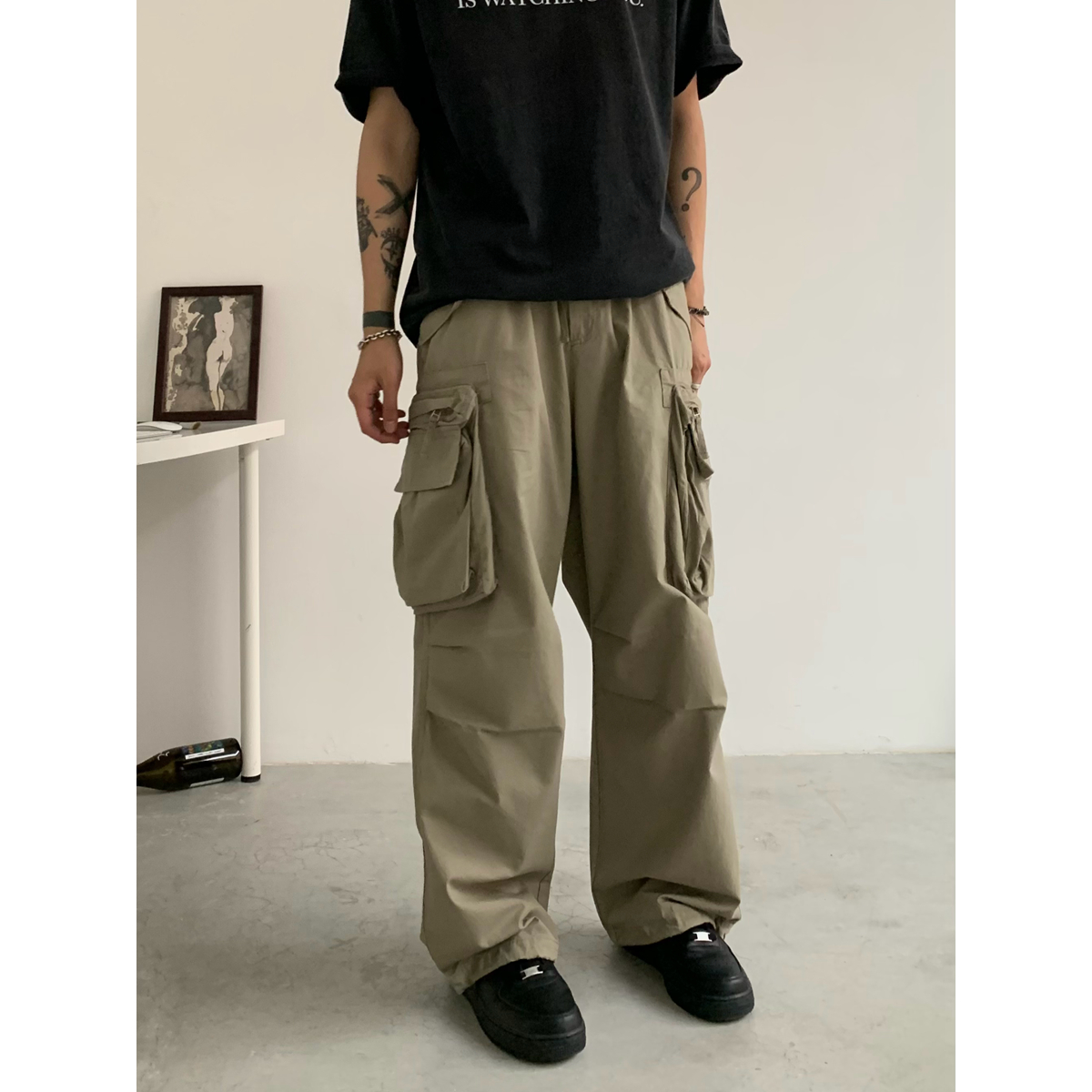 American Vintage Loose Work Pants for Men - Straight Leg Japanese Casual Cargo Pants in City Boy Style American Vintage Loose Work Pants for Men - Straight Leg Japanese Casual Cargo Pants in City Boy Style