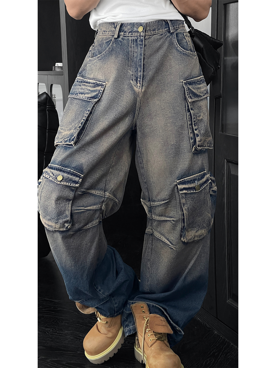 American Vintage Multi-Pocket Denim Loose Wide-Leg Trousers for Men - Trendy Spring Workwear Inspired by 90s Style