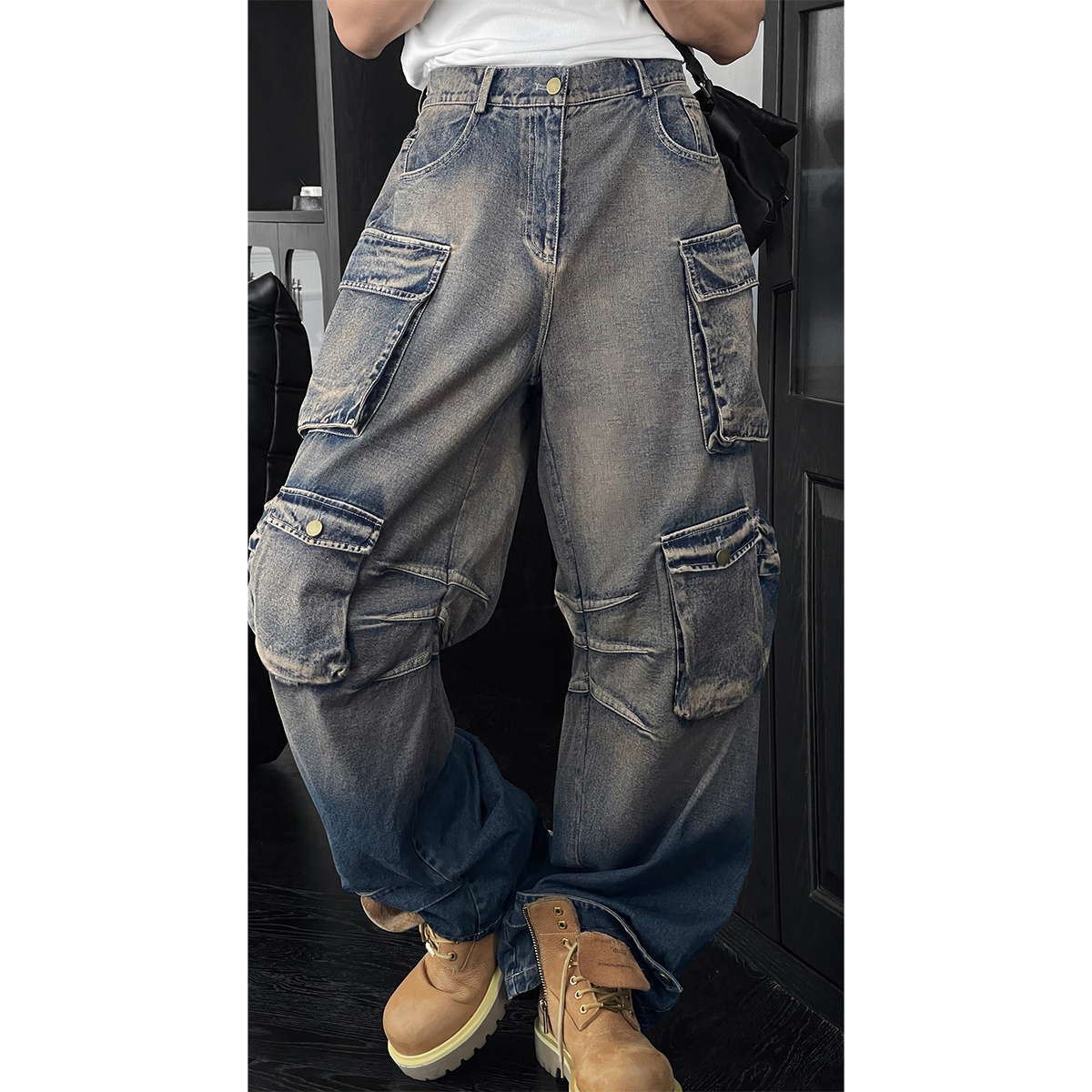 American Vintage Multi-Pocket Denim Loose Wide-Leg Trousers for Men - Trendy Spring Workwear Inspired by 90s Style