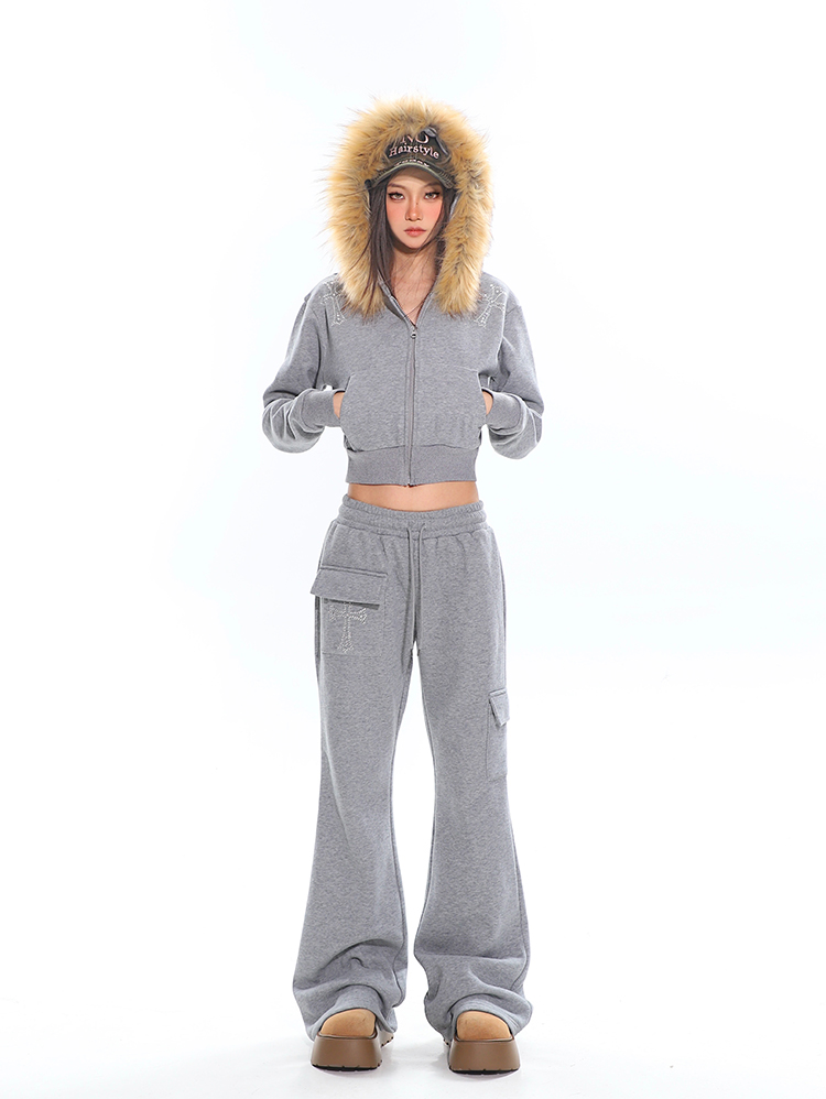 American Vintage Rhinestone Big Fur Collar Short Sweatshirt and Micro-Flare Pants Set for Women - Autumn Winter Casual Fashion