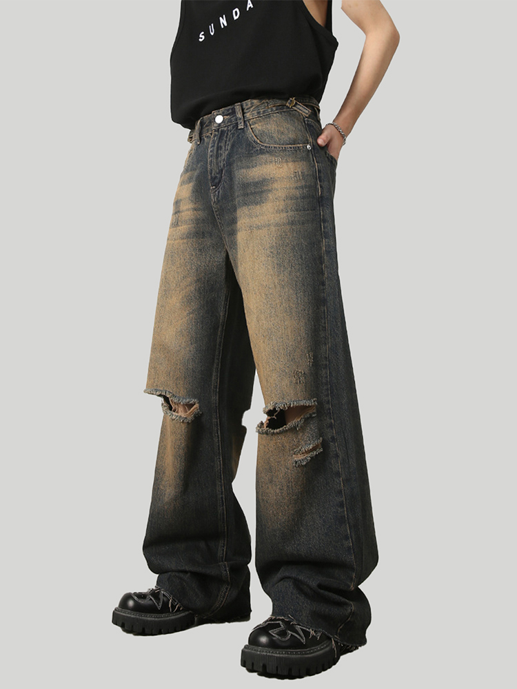 American Vintage Ripped Straight Leg Jeans for Men and Women, Loose Wide Leg Fit, 90s Inspired, Casual Denim Pants