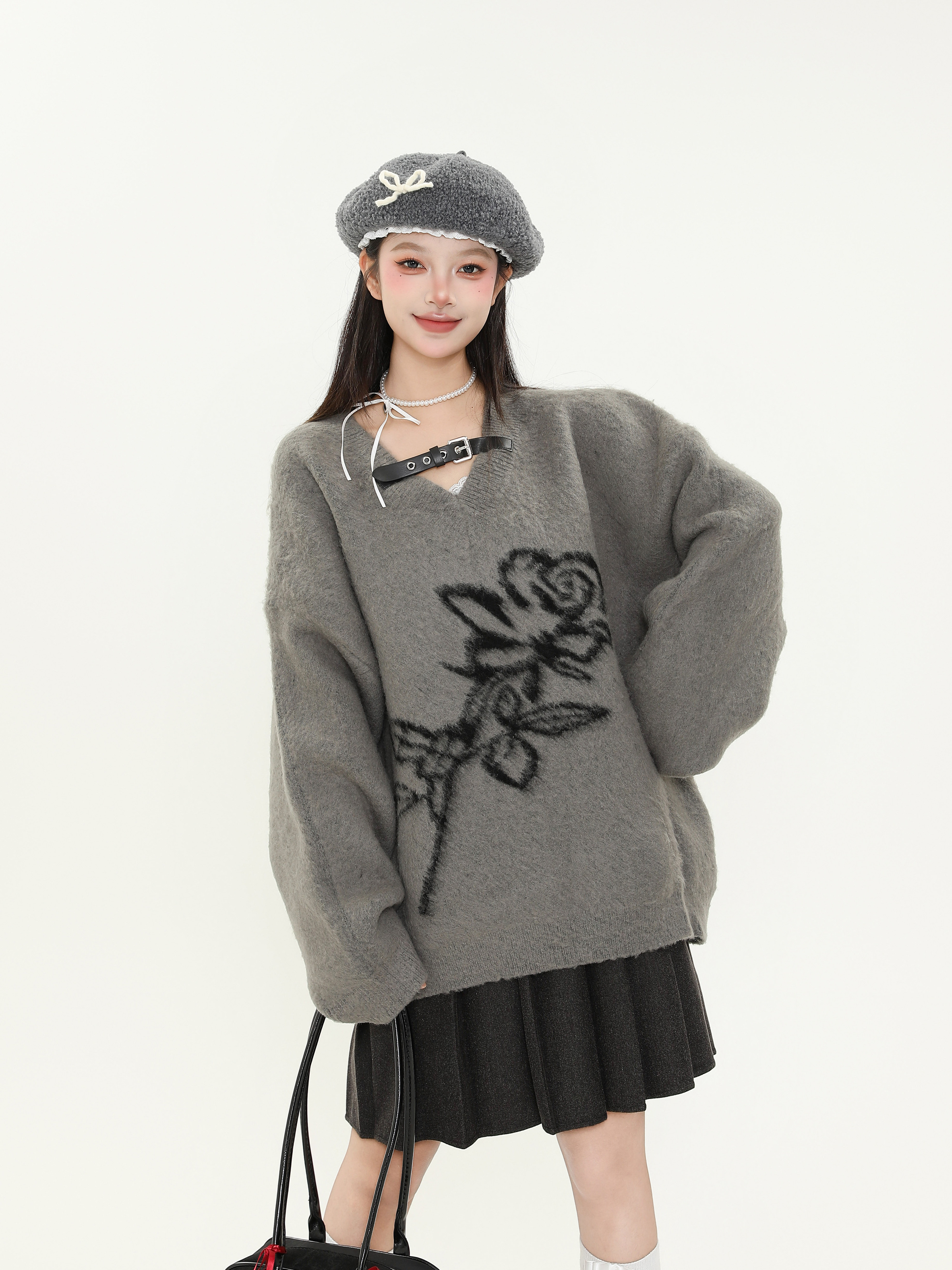 American Vintage Rose Jacquard V-Neck Sweater for Women â€“ Soft Loose Knit Top for Autumn Winter, Cozy Y2K Style