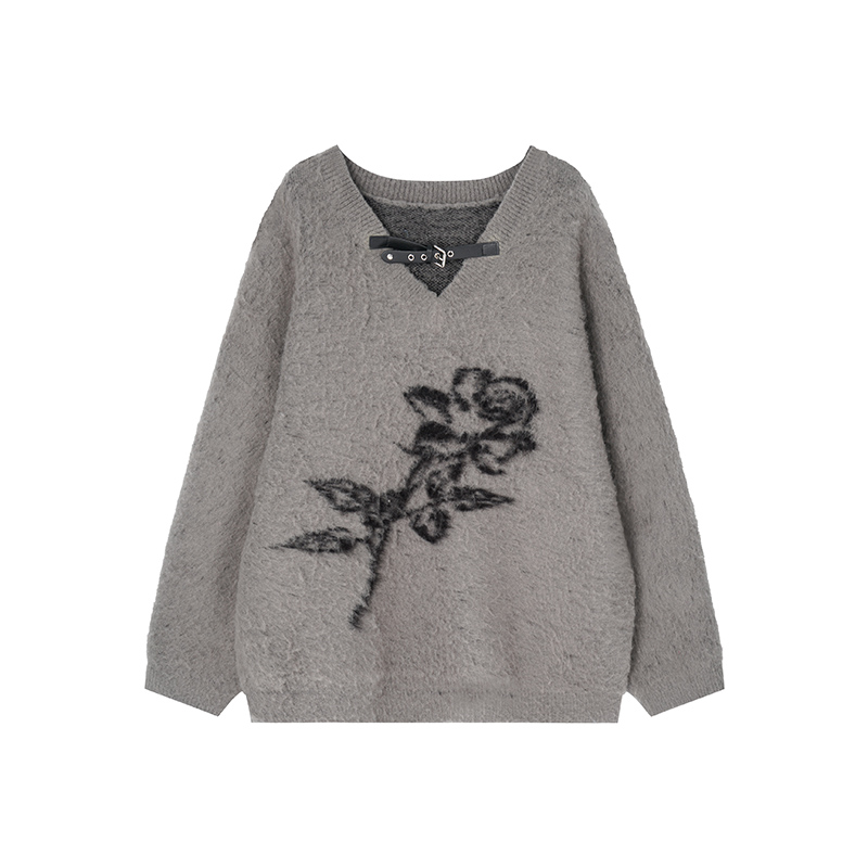 American Vintage Rose Jacquard V-Neck Sweater for Women â€“ Soft Loose Knit Top for Autumn Winter, Cozy Y2K Style