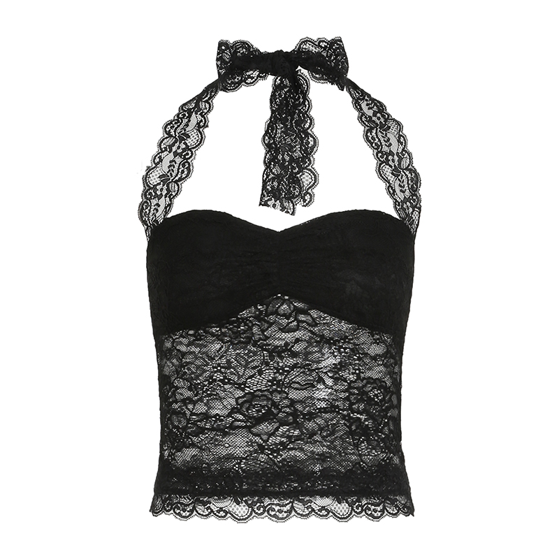 American Vintage Sexy Black Lace Jacquard Camisole with Hollow-Out Design and Mesh Long Skirt - Y2K Inspired Fashion