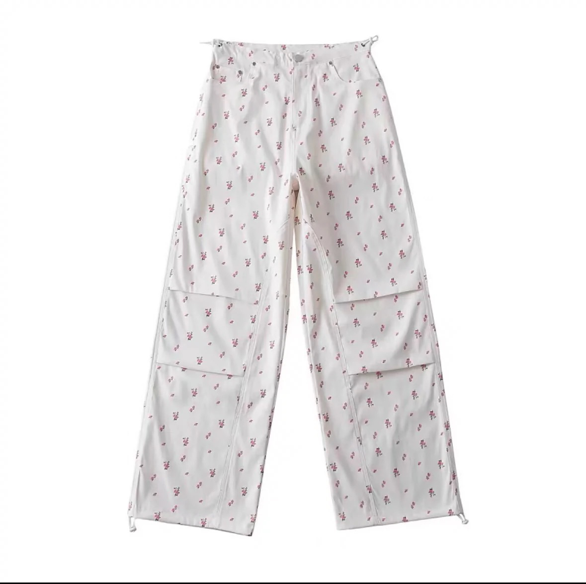 American Vintage Small Floral Cargo Pants for Women - Summer Kpop Loose Straight Wide-Leg Trousers