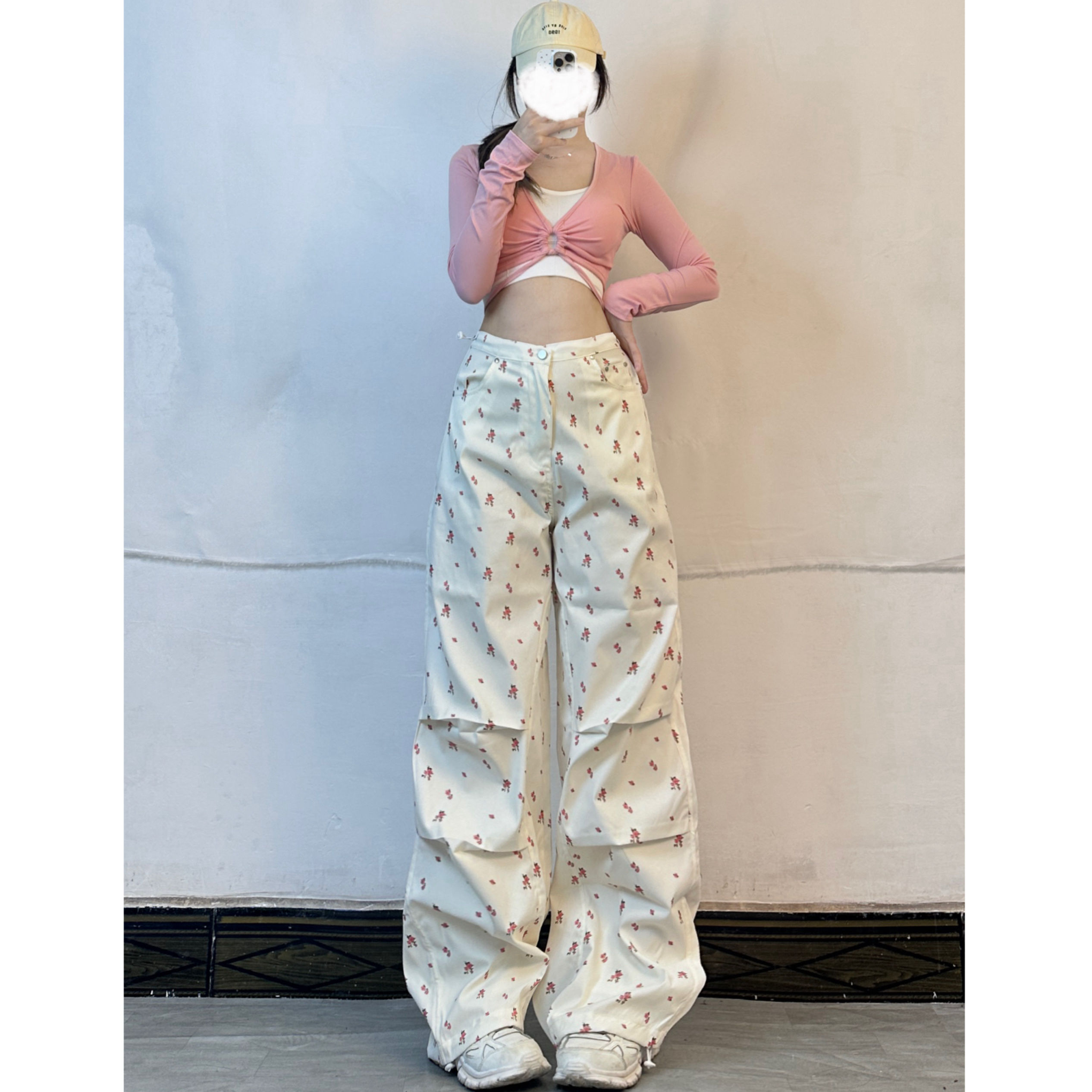 American Vintage Small Floral Cargo Pants for Women - Summer Kpop Loose Straight Wide-Leg Trousers