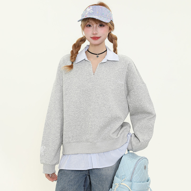 American Vintage Striped Splicing Long Sleeve Sweatshirt - Women's Oversized College Style Top