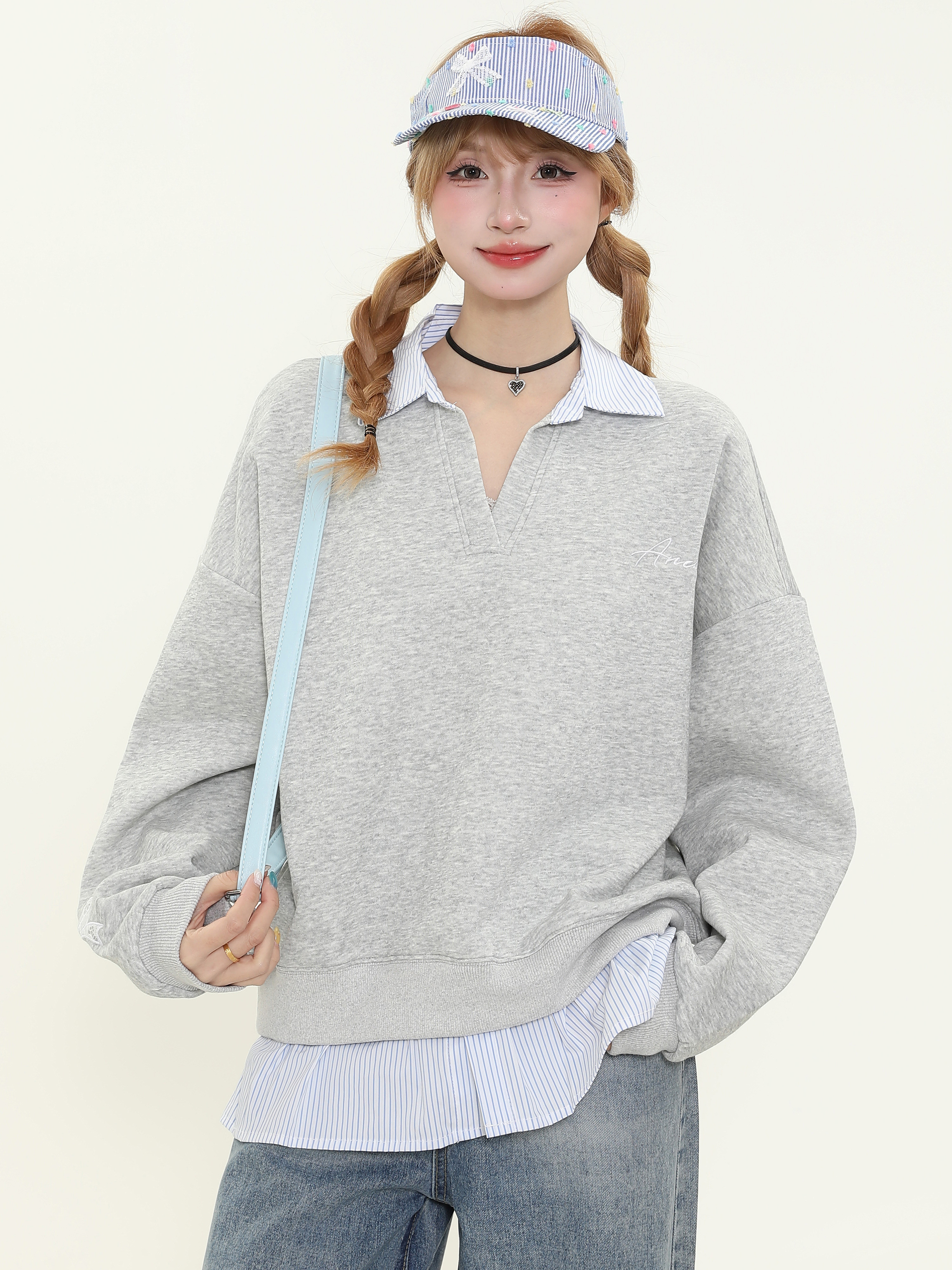 American Vintage Striped Splicing Long Sleeve Sweatshirt - Women's Oversized College Style Top