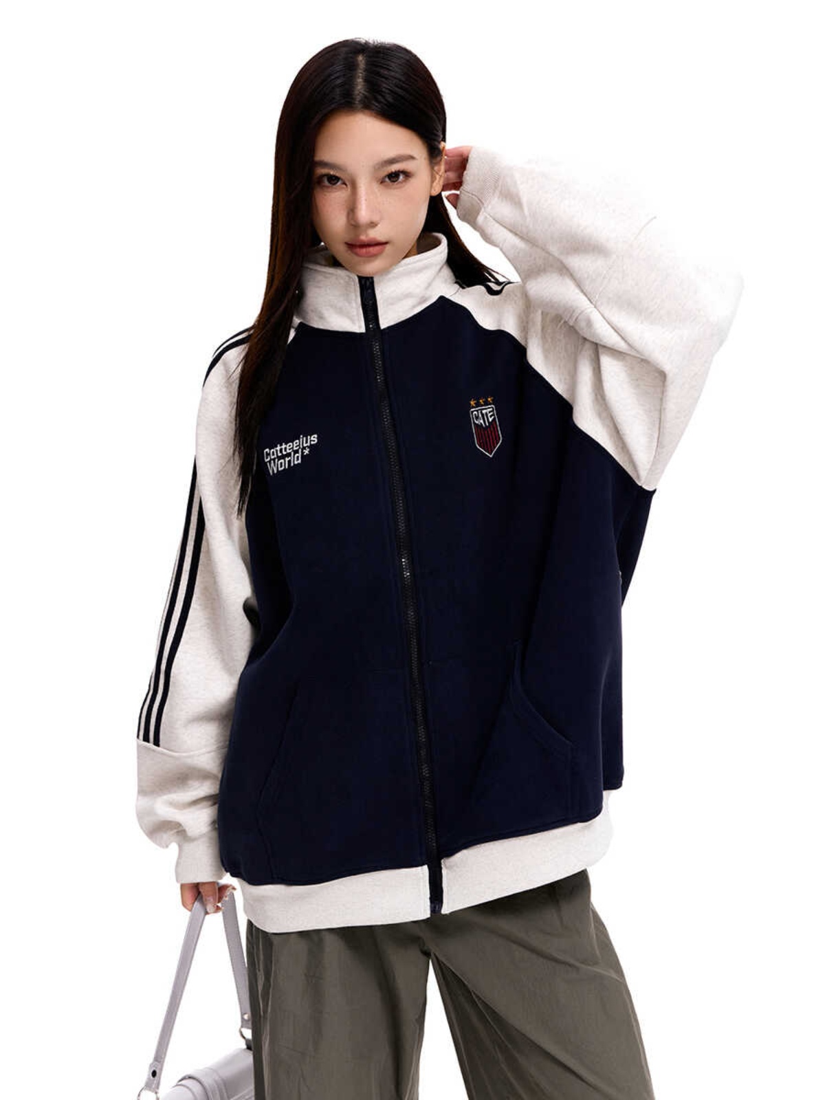 American Vintage Striped Stand Collar Cardigan Sweatshirt - Unisex Loose Color Block Casual Jacket for 90s Inspired Style