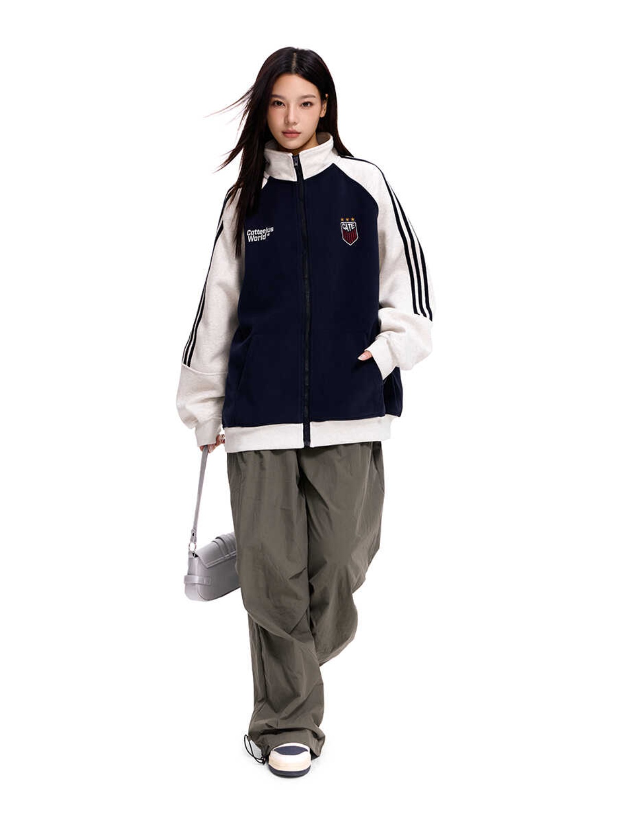 American Vintage Striped Stand Collar Cardigan Sweatshirt - Unisex Loose Color Block Casual Jacket for 90s Inspired Style