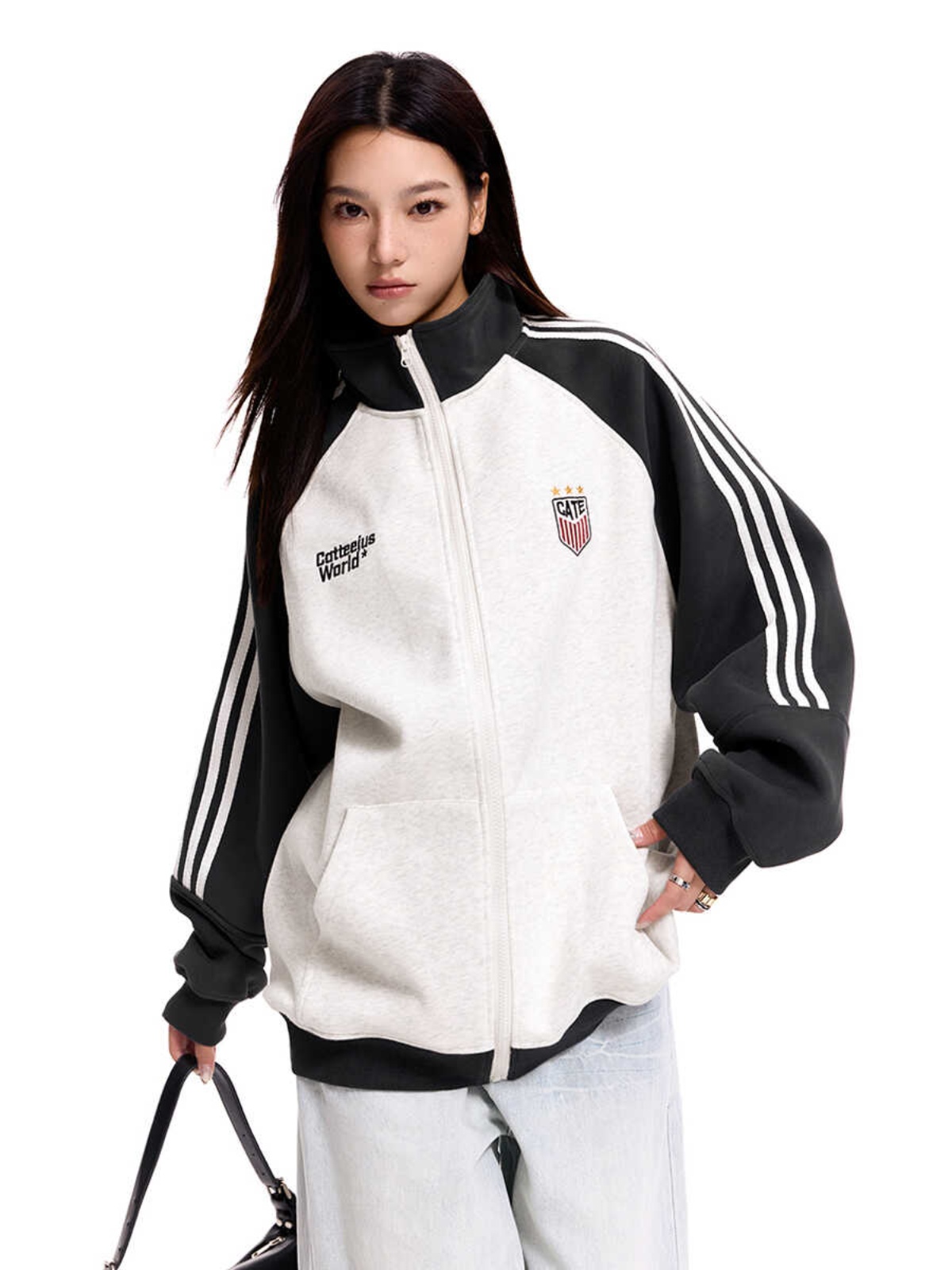 American Vintage Striped Stand Collar Cardigan Sweatshirt - Unisex Loose Color Block Casual Jacket for 90s Inspired Style