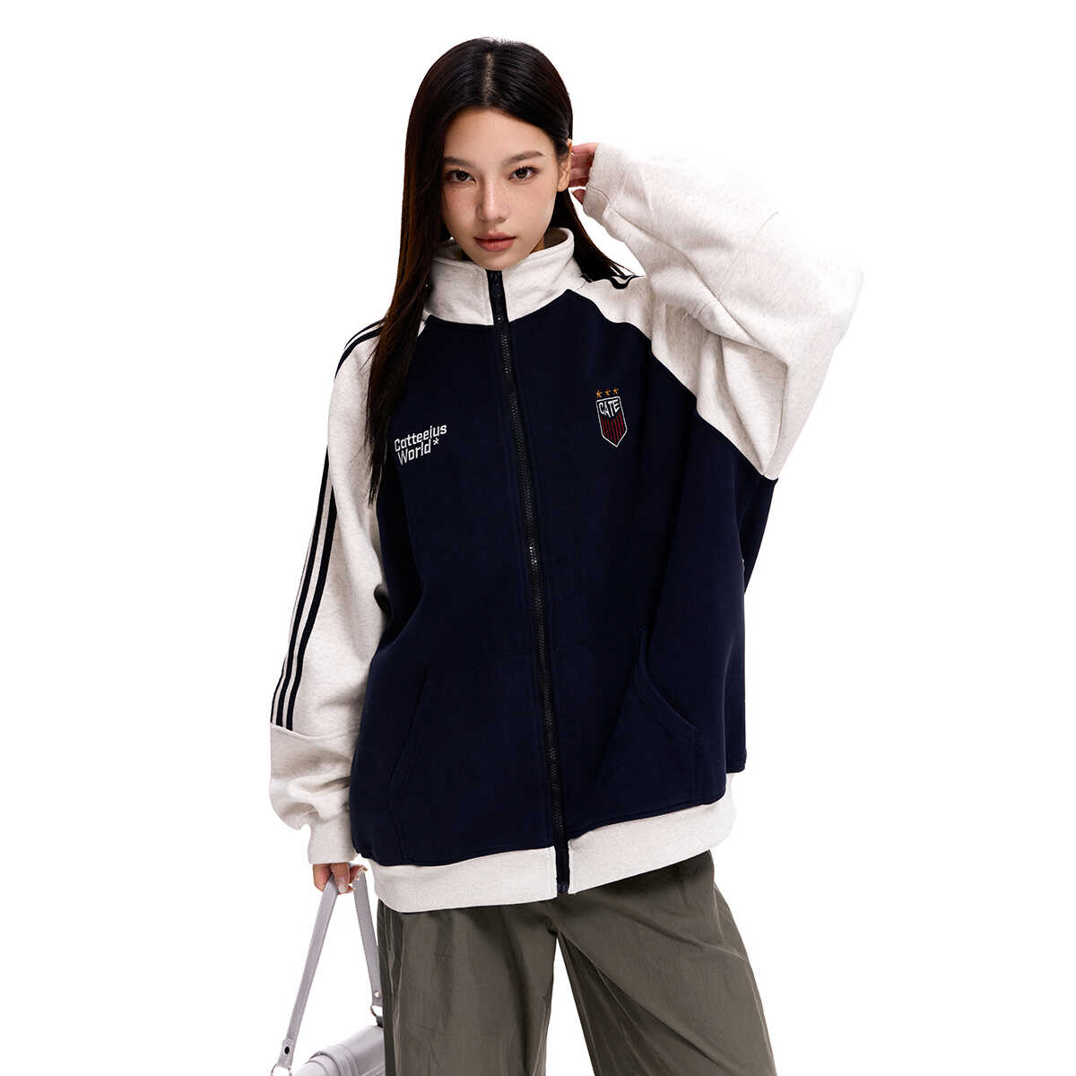 American Vintage Striped Stand Collar Cardigan Sweatshirt - Unisex Loose Color Block Casual Jacket for 90s Inspired Style