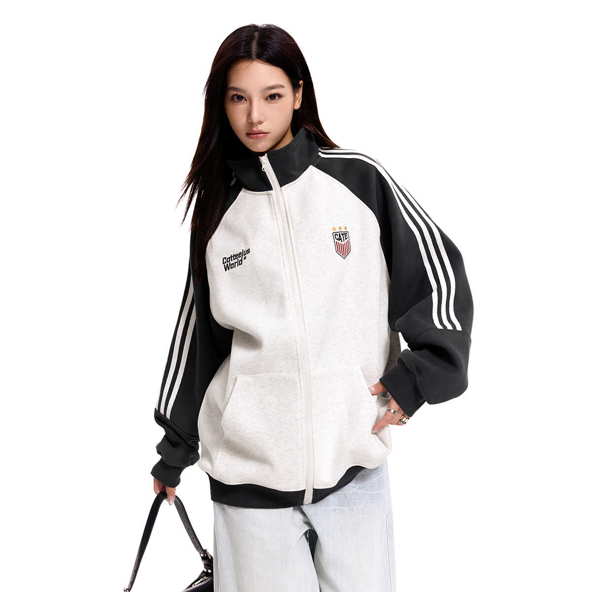 American Vintage Striped Stand Collar Cardigan Sweatshirt - Unisex Loose Color Block Casual Jacket for 90s Inspired Style