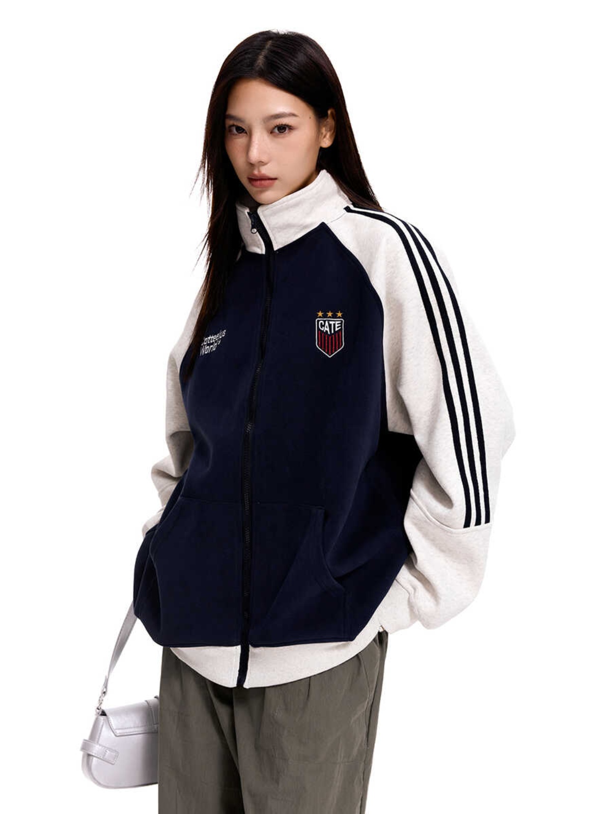 American Vintage Striped Stand Collar Cardigan Sweatshirt - Unisex Loose Color Block Casual Jacket for 90s Inspired Style