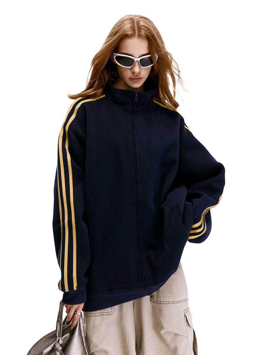 American Vintage Striped Three-Stripe Cardigan Sweatshirt for Men and Women, Loose Fit, Casual Layering Jacket, Y2K Style