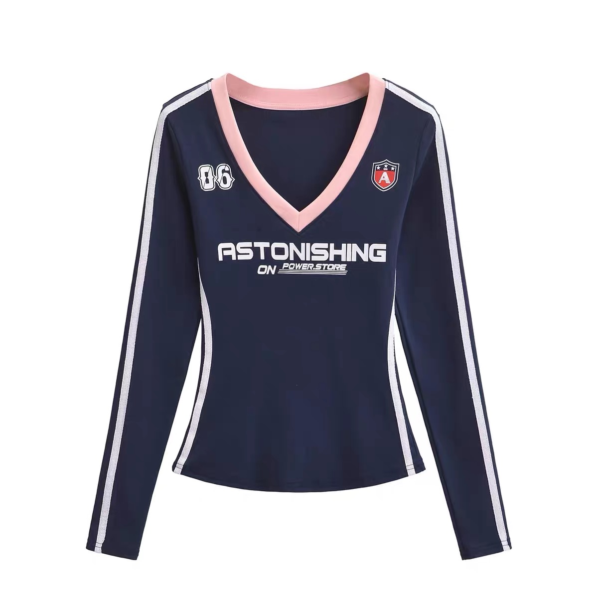 American Vintage Sweet Spicy Pink V-Neck Color Block Long Sleeve T-Shirt for Women - 2025 Autumn Jazz Dance Style