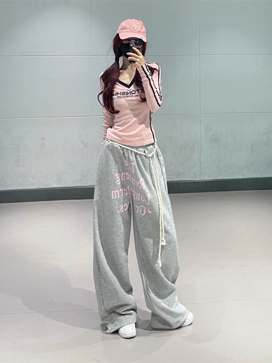 American Vintage Sweet Spicy Pink V-Neck Color Block Long Sleeve T-Shirt for Women - 2025 Autumn Jazz Dance Style