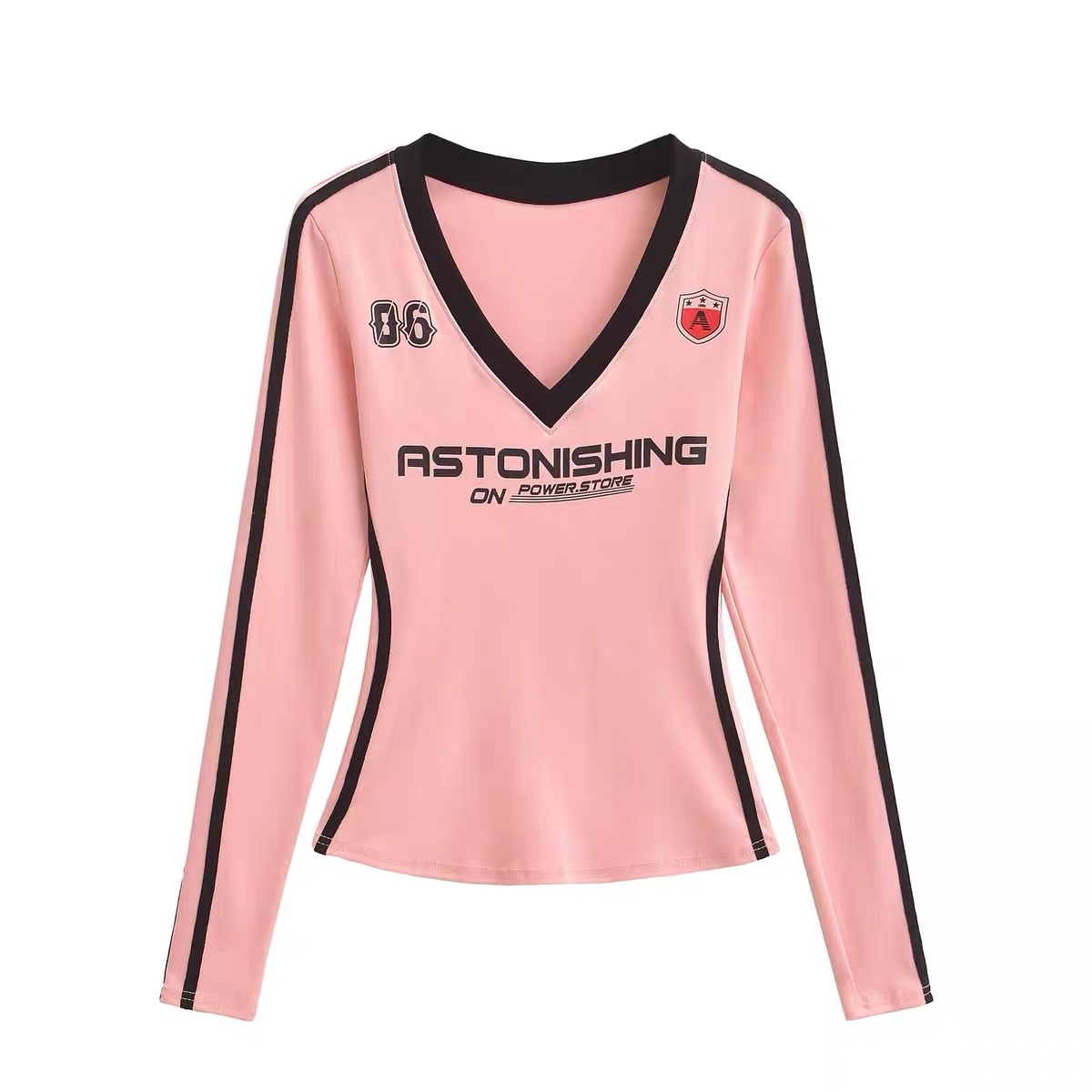 American Vintage Sweet Spicy Pink V-Neck Color Block Long Sleeve T-Shirt for Women - 2025 Autumn Jazz Dance Style